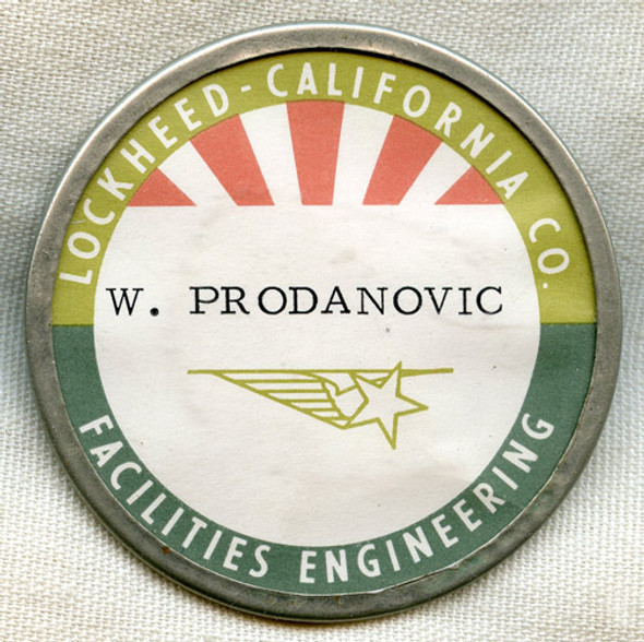 Early 1950s Lockheed-California Co (CALAC) Facilities Engineering Worker ID Badge Green Banner