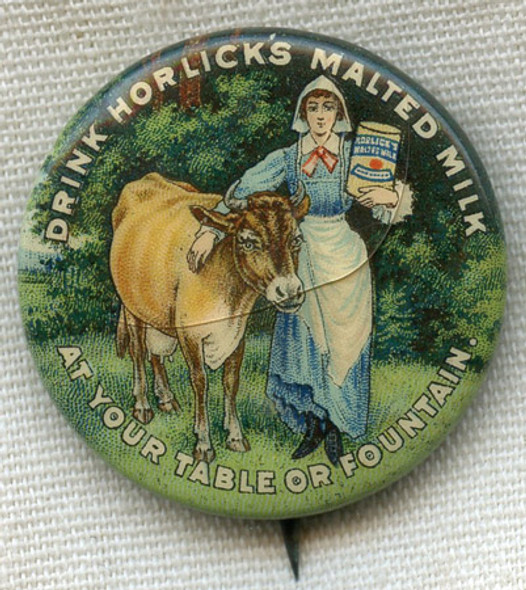 Circa 1900 Horlicks Malted Milk Advertising Litho Celluloid Pin by Whitehead & Hoag