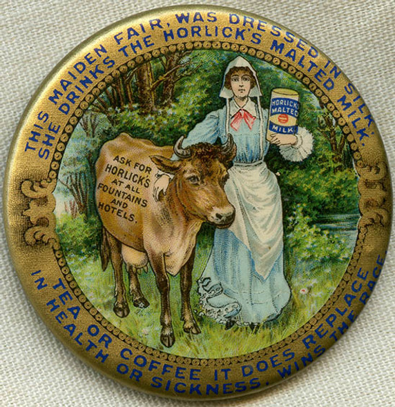 Beautiful Ca. 1910 Horlick's Malted Milk Advertising Celluloid Pocket Mirror. Vibrant Colors