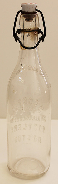 Nice 1900s M.H. Cobe & Co. Boston Mass Blob Top Pre-Pro Beer Bottle with Advertising Ceramic Top