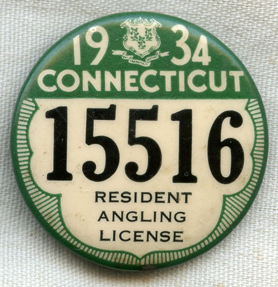 1934 Connecticut Resident Angling (Fishing) Celluloid License Badge