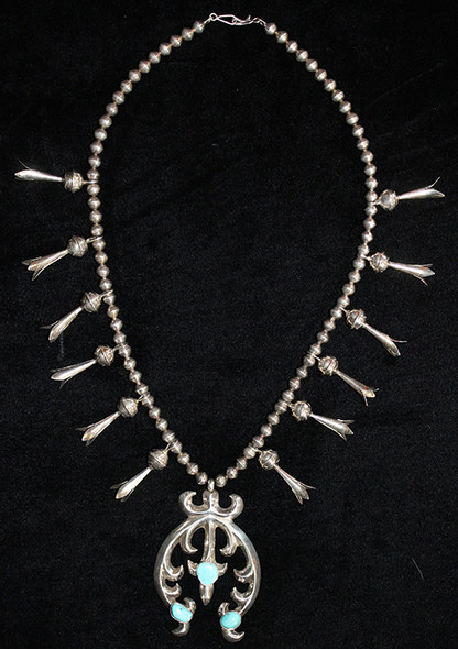 1940's-50's Navajo Squash Blossom Necklace in Silver & Turquoise