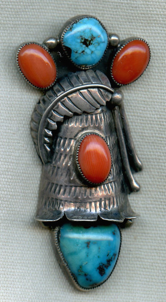Beautiful Artist-Signed Navajo Silver, Turquoise & Coral Pendant
