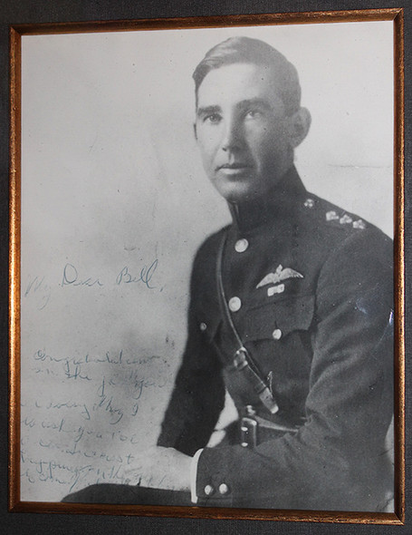 Framed Autographed Photo, Signed Document, & RFC Hat Badge of 1st American Ace Capt. Fred. Libby