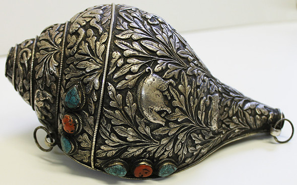 Beautiful Antique Tibetan Silver Encrusted Conch Shell Horn or Shankha Ornately Decorated