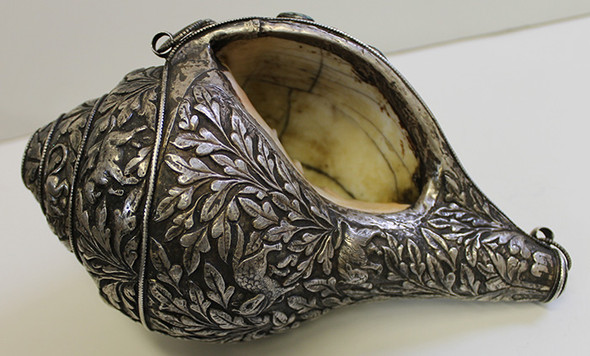 Beautiful Antique Tibetan Silver Encrusted Conch Shell Horn or Shankha Ornately Decorated