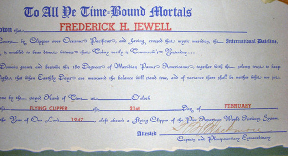 1947 Pan Am Airways Date Line Crossing Certificate Signed by Clipper Pioneer Gib Blackmore