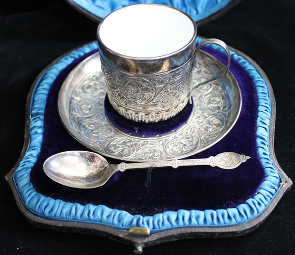 Stunning, Cased, Monogrammed 1888 London Sterling Ceramic Lined Christening Cup & Spoon Set