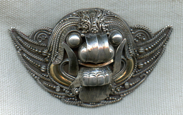 1950s-1960s Tibetan Silver Brooch of Ferocious Deity in .925 Silver with Gilding
