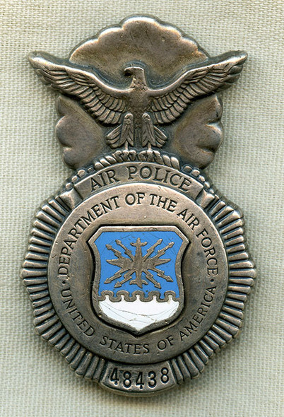 Rare Late 1950's USAF Air Police Badge Type 2 with Enameled Center & Pinback