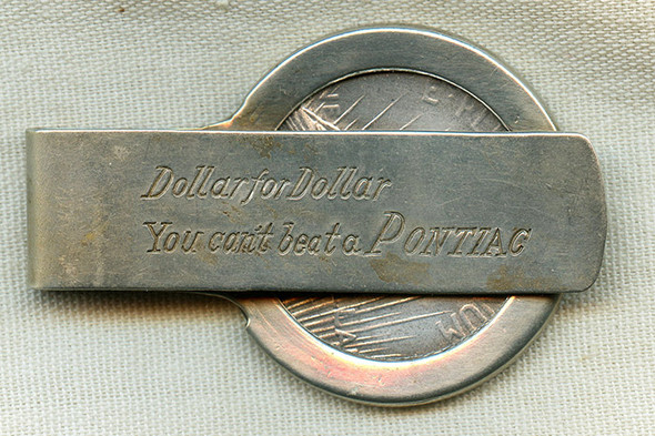 Ca. 1951 Pontiac Auto 25th Silver Anniv. Promotional Money Clip w/ 1925 Liberty Head Silver