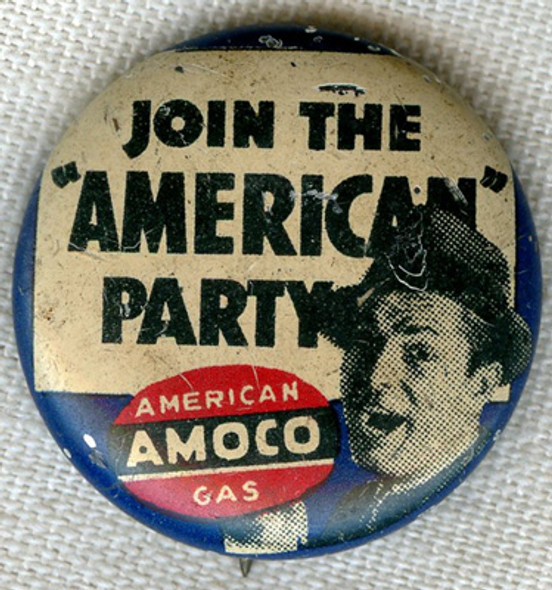 1940s Advertising Painted Tin AMOCO Gasoline Pin Election Year Party Theme