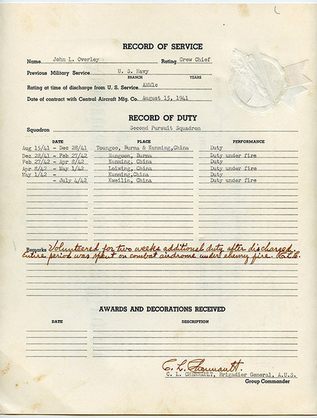 Extremely Rare Early WWII Flying Tigers Honorable Discharge of Crew Chief John L. Overley