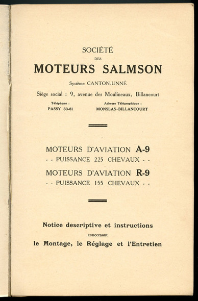 French WWI Aircraft Engine Book by Societe des Moteurs Salmson Profusely Illustrated
