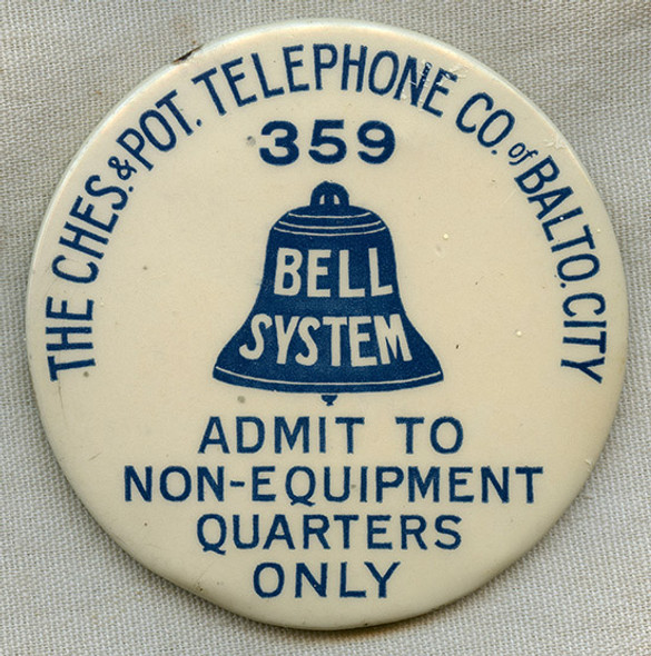 Great 1930's Chesapeake & Potomac Telephone Co. of Baltimore City Huge Employee Access Badge