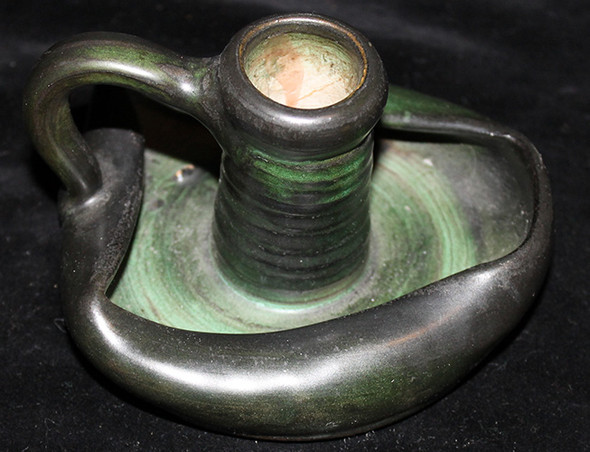 Ca. 1910 Arts & Crafts Matte Green White Underglaze Candlestick by Weller Ware, Handmade