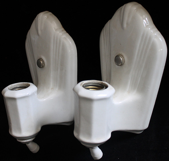 Pair of 1930's Deco Ceramic Bathroom Mirror Light Sconces in Working Order w/ Original Pulls