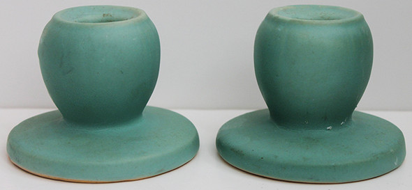 Pair Early 1930's Hand-Painted Weller Wild Rose or Dogwood Candlestick Holders Signed by Artist