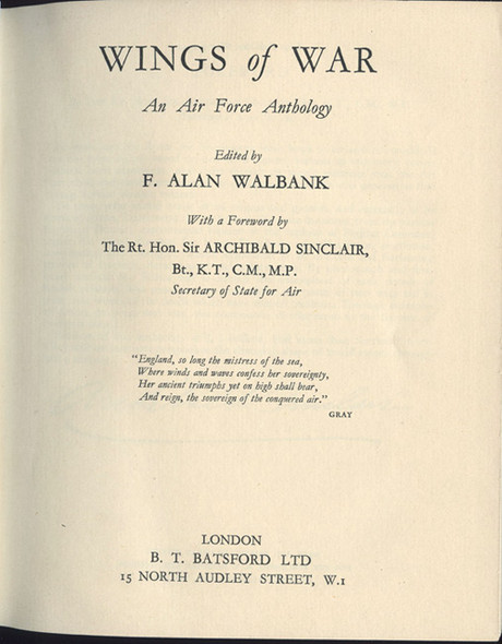 1st Edition 1942 Inscribed "Wings of War" Anthology on Royal Air Force in Excellent Condition