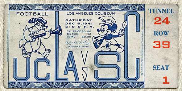Rare 1941 UCLA vs. USC Football Ticket Stub with Mickey Mouse, Walt Disney Production Design