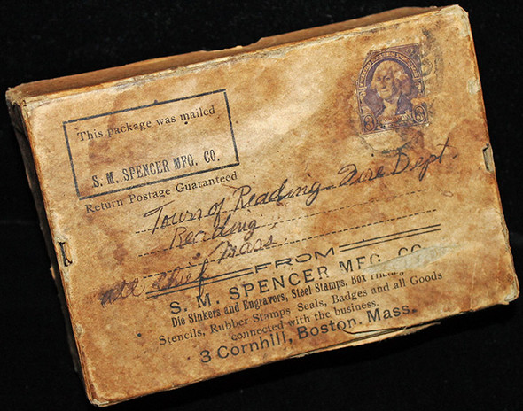 Interesting 1930s Shipping Box - Badges From S.M. Spencer Co. to the Chief at Reading, MA Fire Dept.