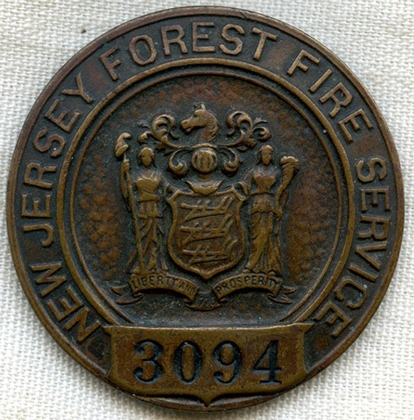 Beautiful 1910's New Jersey Forest Fire Service Badge #3094 in Bronze by Whitehead & Hoag