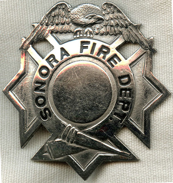 Ca 1900s - 1910s Sonora, California Fire Department Badge with Nice Ed Jones Co. Hallmark