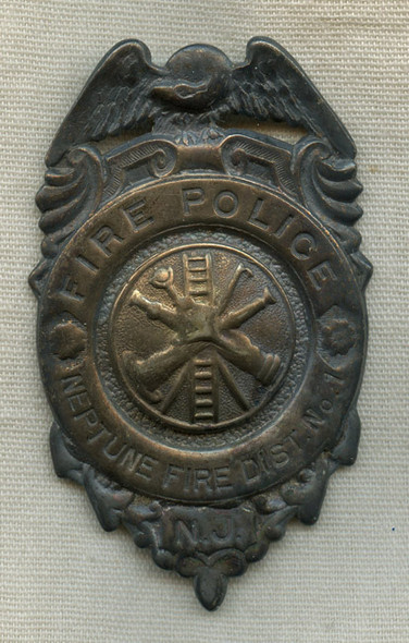 Large Circa 1900 Fire Police Badge from Neptune Fire District No. 1, Neptune Township, New Jersey