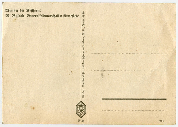WWII Nazi VDA Post Card #E36 General Field Marshall Gerd von Rundstedt