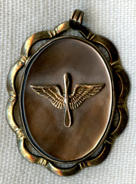 WWI US Air Service Sweetheart Locket Gilt Sterling Silver & Mother-of-Pearl Scalloped Border