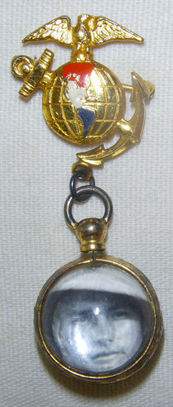 Great WWII USMC Sweetheart Pin with Glass Picture Globe in Sterling Showing Marine & His Gal