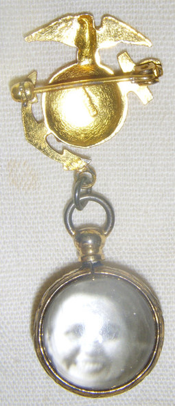 Great WWII USMC Sweetheart Pin with Glass Picture Globe in Sterling Showing Marine & His Gal
