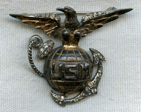 Fabulous WWII US Marine Corps Sweetheart EGA in Sterling with Rhinestones Reading "USM"