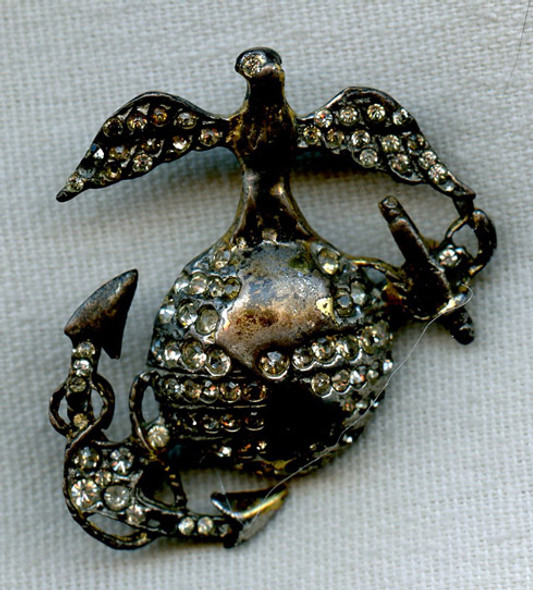 Beautiful WWII US Marine Corps Sweetheart EGA in Sterling with Rhinestones