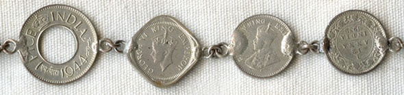 Late WWII CBI Theatre Sweetheart Bracelet Made from Silver-Plated Copper Indian Coins