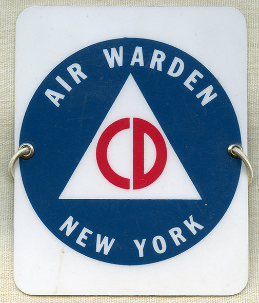 Great Cold War Era Civil Defense Air Warden Celluloid Arm Badge for New York