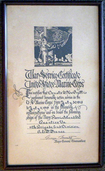 Framed WWI USMC 4th Brigade, 2nd Division Service Certificate