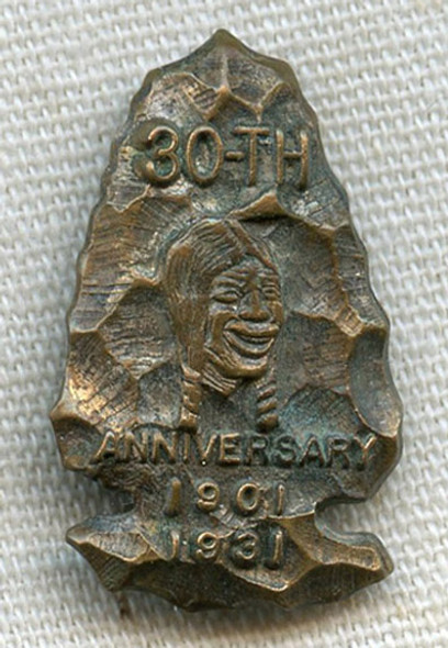 Rare 1931 Indian Motocycles 30th Anniversary Promo Arrowhead Pin with Laughing Indian Logo