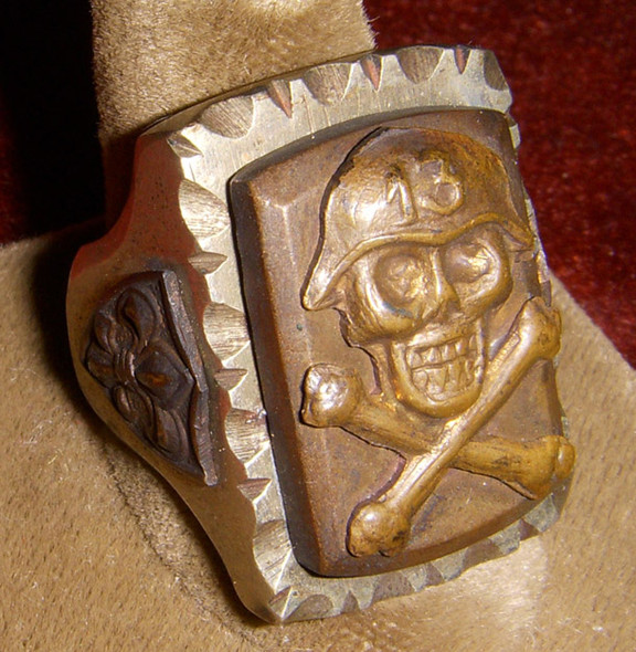 1950s Biker Ring with Skull Wearing Ò13Ó Helmet & Crossbones Motif Made in Mexico