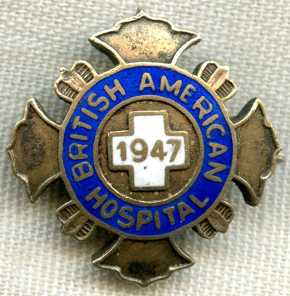 Rare 1947 British American Hospital (La Molina, Peru) Nursing School Graduation Pin in Gilt Silver