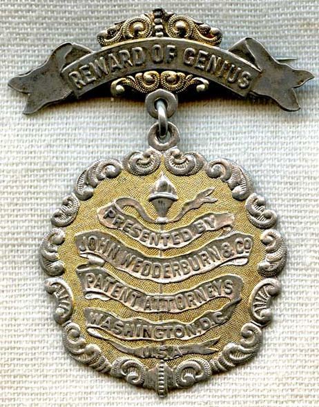 Wonderful 1890s "Reward of Genius" Medal from John Wedderburn & Co. Patent Attorney (Washington DC)
