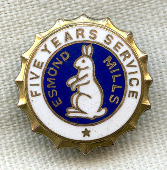 1930s Esmond Mills of Rhode Island 5 Years of Service Pin with 'Bunny Esmond' Logo
