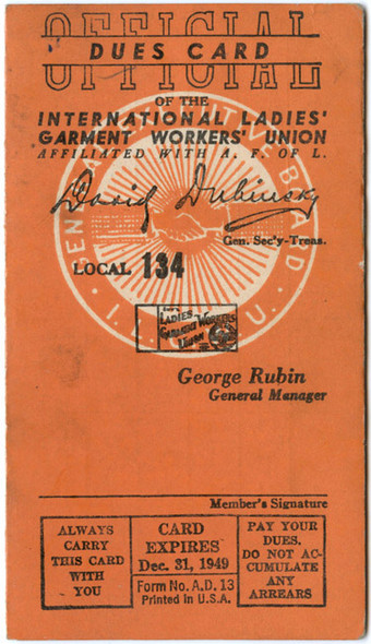 Vintage 1949 International Ladies' Garment Workers Union Local 134 Dues Card