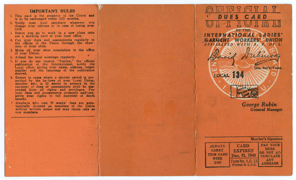 Vintage 1949 International Ladies' Garment Workers Union Local 134 Dues Card