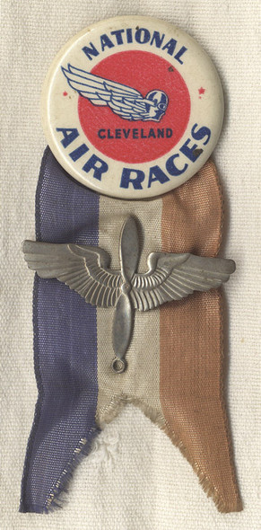 Circa 1939 National Air Races Pin with Red, White & Blue Ribbon and Winged Propeller