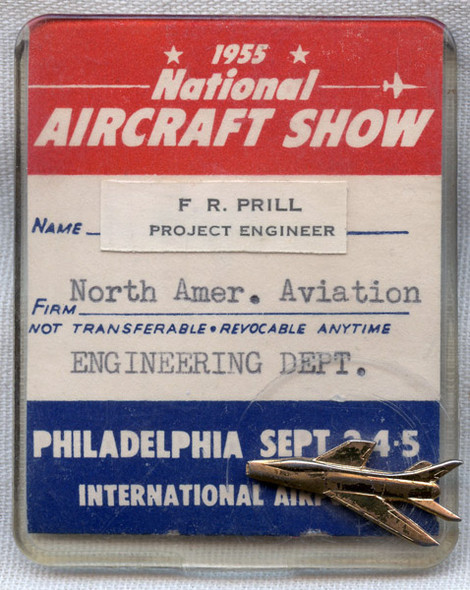 Great 1955 National Aircraft Show Attendee Badge NAA F-100 Super Sabre Project Engineer, F-100 Pin