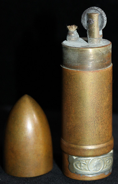 WWI French Bullet Shape Trench Lighter in Souvenir De France on bottom Nickel Tax Plaque