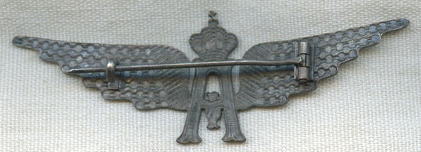 Extremely Rare Belgian Model 1918 Aviation Section Pilot Wing in Plated White Metal