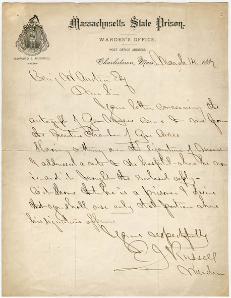 Cool 1887 Letter from Charlestown, Massachusetts State Prison Signed by Warden (Ex-Civil War Capt.)