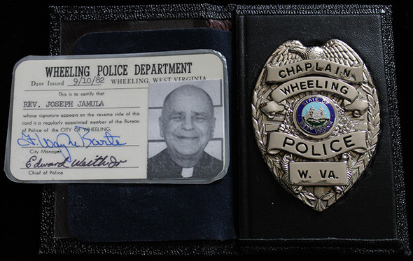 Great Ca. 1982 Wheeling, WV Police Chaplain Badge, Wallet, and Credentials of Reverend Josep